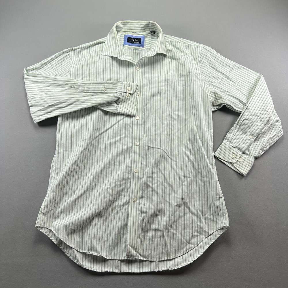 Esquire Dress Shirt Mens 16.5 Green White Striped Slim Fit Non Iron Button Up